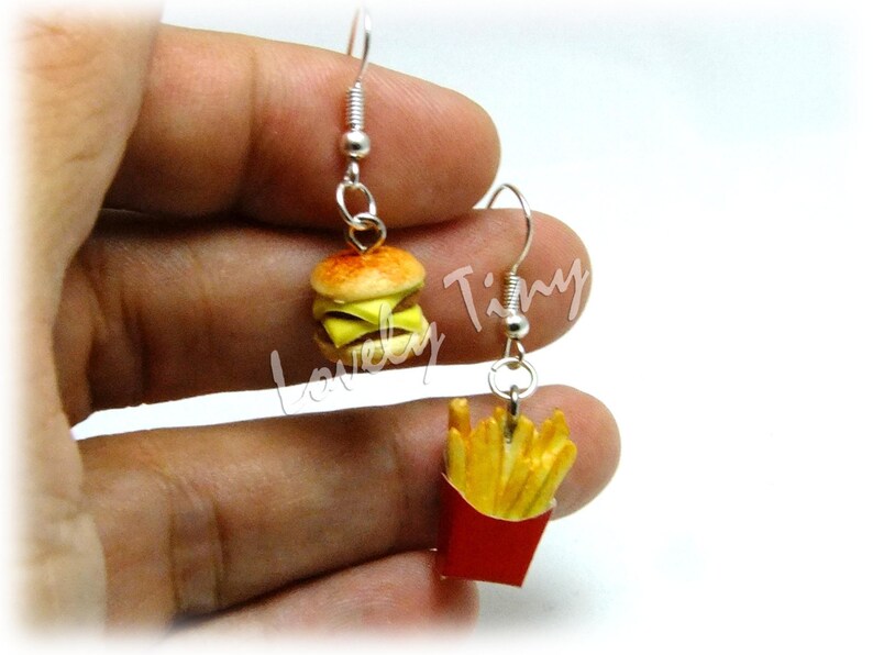Kawaii Fashion Miniature Double Cheese Burger and French fries Earring.