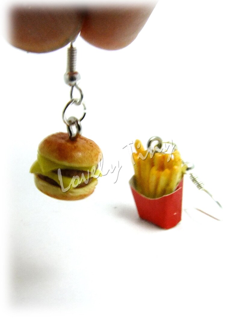 Kawaii Fashion Miniature Double Cheese Burger and French fries Earring.