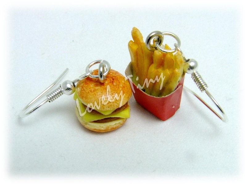 Kawaii Fashion Miniature Double Cheese Burger and French fries Earring.