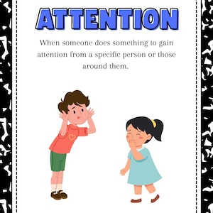 Op de afbeelding: Een wit omkaderde illustratie met het woord "ATTENTION" in blauw. De tekst legt de betekenis van aandacht uit. Een jongen trekt een gek gezicht, en een meisje lacht. De jongen draagt een rood shirt, en het meisje draagt een blauwe jurk.