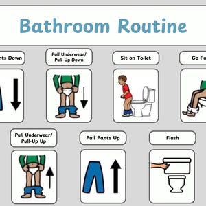 May include: A visual guide to bathroom routine with illustrations showing steps like pulling pants down, pulling underwear down, sitting on the toilet, going potty, pulling underwear up, pulling pants up, and flushing the toilet.