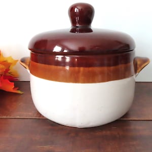 May include: A ceramic casserole dish with a lid. The dish is brown, tan, and white with two handles. The lid has a rounded knob. The dish is on a wooden surface.