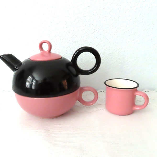 Vintage Pink and Black Tea for One -- Teapot & Cup Plus One Tiny Pink Cup-Retro-Mid Century