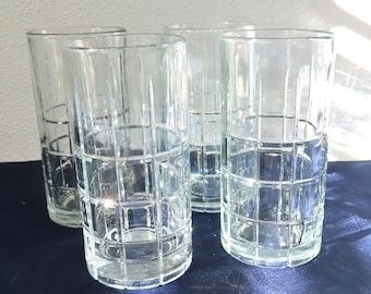 Anchor Hocking Manchester Tartan Plaid Clear Glass Tumblers - Ice Tea Glasses - Bar Ware