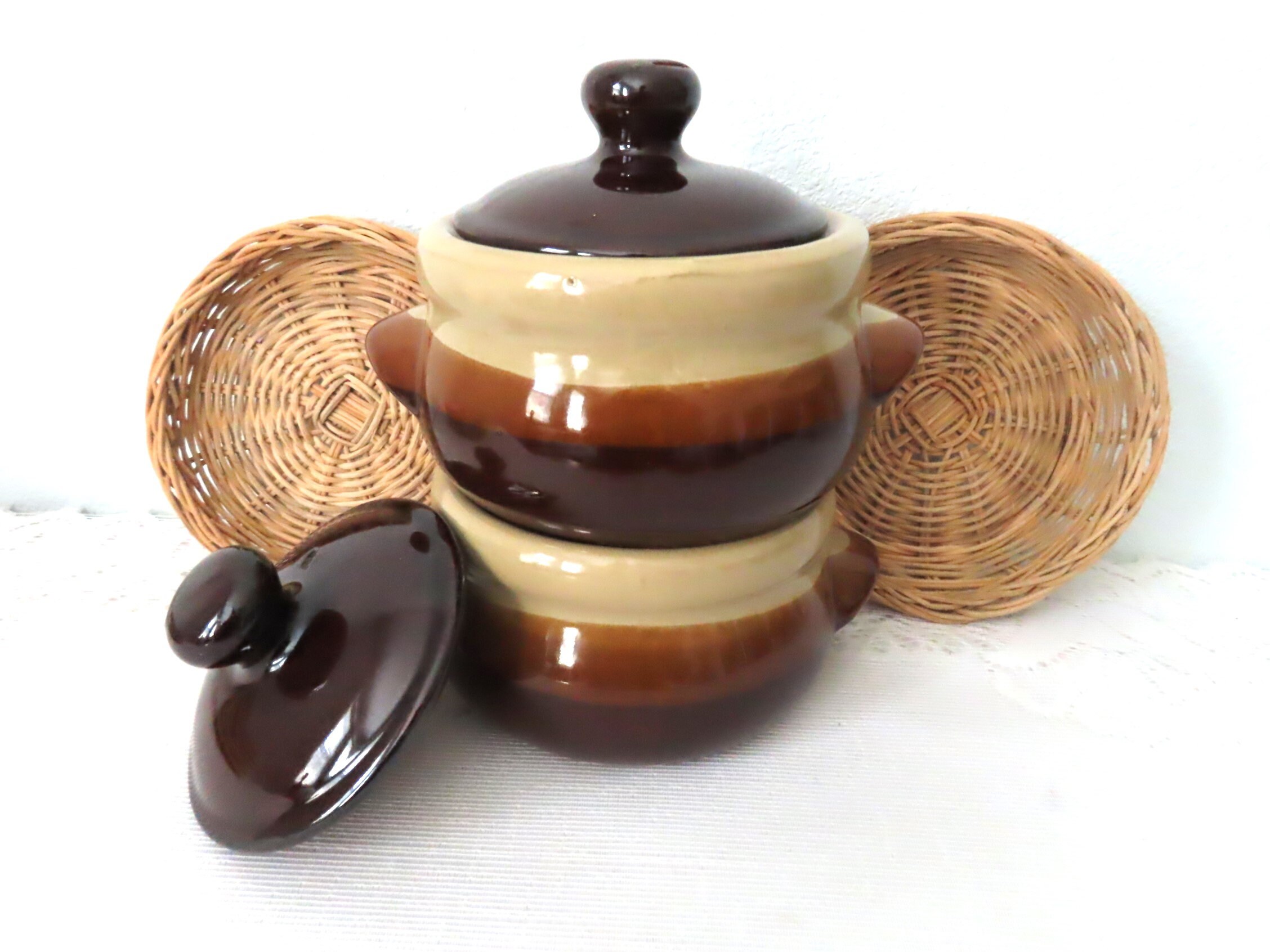 Vintage Brown Soup Bowl With Lid and Handle Stoneware French Onion Soup or  Chili Crock 70s, Farmhouse Kitchen Tableware 
