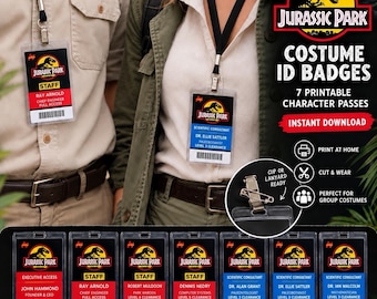 May include: A set of seven printable Jurassic Park costume ID badges featuring character names like John Hammond, Ray Arnold, and Ellie Sattler. Each badge includes a logo, a barcode, and a colour-coded role designation for group cosplay.