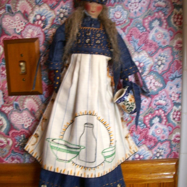 Handmade Primitive  Doll  23"- Baking Beulah's Polish Pottery Jug