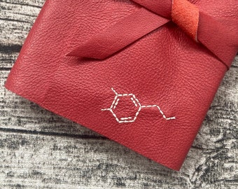 Dopamine Leather Journal - 6 x 4 Hand Embroidered Blank or Printed Book - Chemistry Molecule Embroidery - A6 Soft Wrap Cover