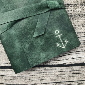 Anchor Leather Journal - 6 x 4 Hand Embroidered Blank Book - Travel - Nautical - A6 Soft Wrap Cover