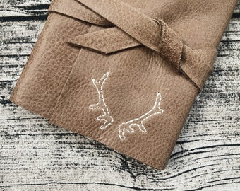 Antlers Leather Journal - 6 x 4 Hand Embroidered Blank Book - Nature Embroidery - Deer Stag - A6 Soft Wrap Cover