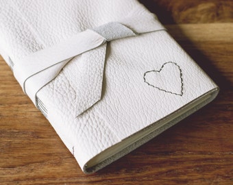 Love Heart Leather Journal - 6 x 4 Hand Embroidered Blank Book - A6 Soft Wrap Cover