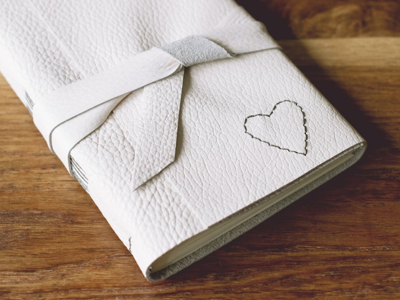 Love Heart Leather Journal 6 x 4 Hand Embroidered Blank Book A6 Soft Wrap Cover image 1