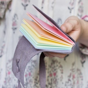 Rainbow Journal A7 Handbound Leather Wrap Blank or Lined Book 4 x 3 Custom Pastel Multi Colour Pages bridesmaid gift image 2