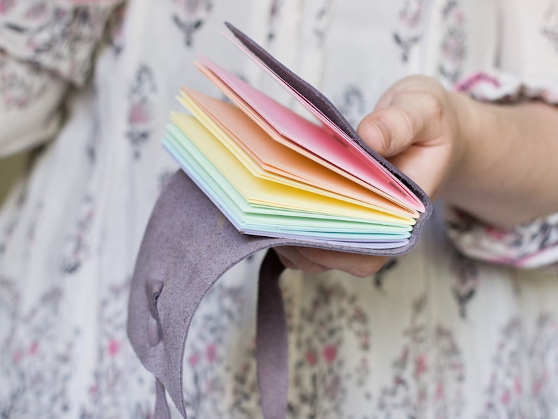 Rainbow Journal A7 Handbound Leather Wrap Blank or Lined Book 4 x 3 Custom Pastel Multi Colour Pages bridesmaid gift image 2