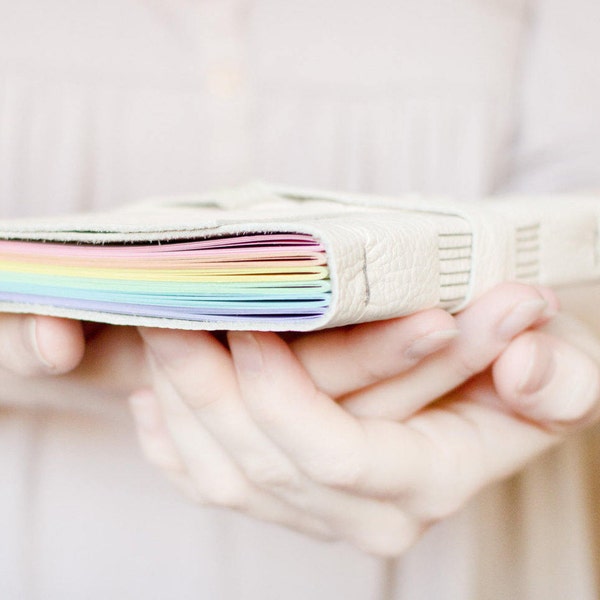 Rainbow Leather Wrap Journal - Handbound Leather Blank or lined Book - 6 x 4 - Custom - Pastel Multi Colour Pages - A6