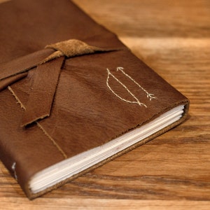 Archer's Bow and Arrow Leather Journal - 6 x 4 Hand Embroidered Blank Book - Archery Embroidery - Rustic Geometric - A6 Soft Wrap Cover