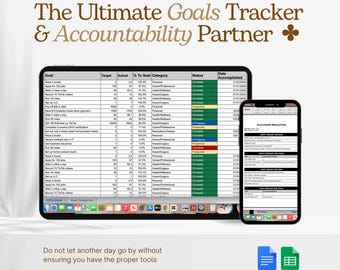 Peut inclure: Un écran d'ordinateur affichant une feuille de calcul avec une liste d'objectifs et leur progression. La feuille de calcul est intitulée "The Ultimate Goals Tracker & Accountability Partner". La feuille de calcul comprend des colonnes pour l'objectif, la cible, le réel, le % de l'objectif, la catégorie, le statut et la date d'accomplissement. La feuille de calcul est organisée par catégorie, avec des catégories telles que "Personnel", "Santé et bien-être", "Impact et agence", et "Carrière et profession". La feuille de calcul est un outil pour suivre la progression vers les objectifs et rester responsable.