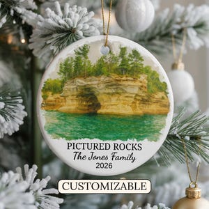 Custom Pictured Rocks National Lakeshore Christmas Ornament, Personalized Michigan Travel Gift, Holiday Keepsake