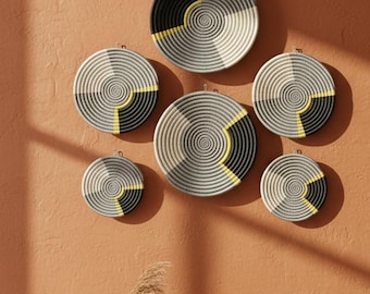 Set of 6 African Wall Baskets, Black Grey White Sisal Boho Decor
