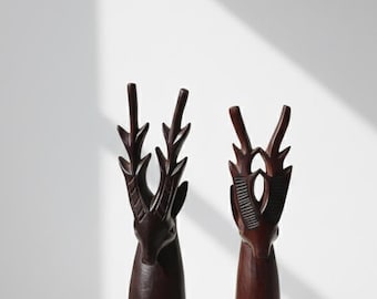 Pair of Hand-Carved Stag Deer Heads, Wooden Wall Decor, Rustic Home Accent [US-016]