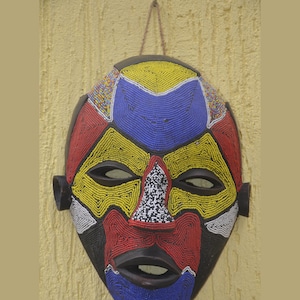 African Bamileke Beaded Tribal Mask - 17" Large Cameroon Grassfields Beaded Mask, Bold Wall Decor Statement Piece, Vintage African Art.