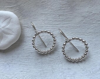 Sterling Silver Medium Open Circle Dangle Earrings: Minimalist Beaded Jewelry