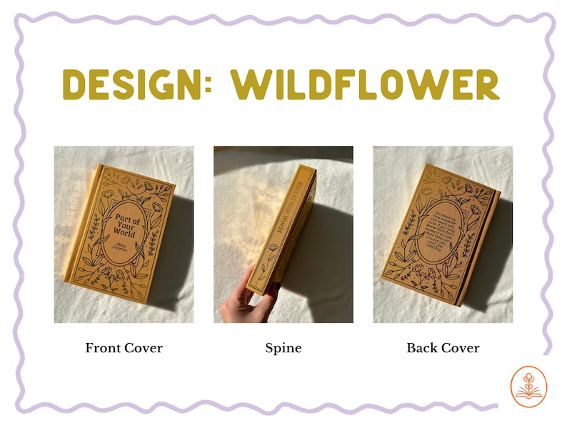 Custom book rebind, photos of three different covers to choose from: Wildflower, Rose, Celestial. Gifts for readers.