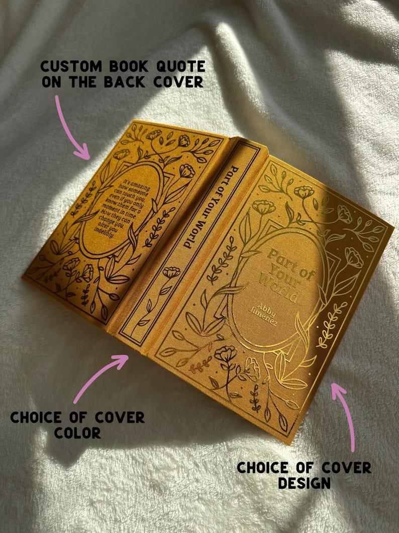 Custom book rebind, photos of three different covers to choose from: Wildflower, Rose, Celestial. Gifts for readers.