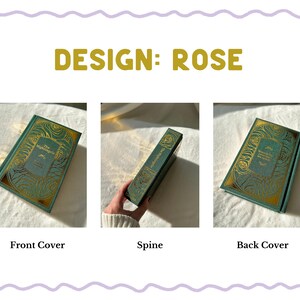 Custom book rebind, photos of three different covers to choose from: Wildflower, Rose, Celestial. Gifts for readers.