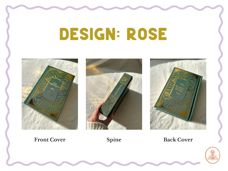 Custom book rebind, photos of three different covers to choose from: Wildflower, Rose, Celestial. Gifts for readers.