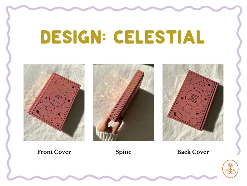 Custom book rebind, photos of three different covers to choose from: Wildflower, Rose, Celestial. Gifts for readers.