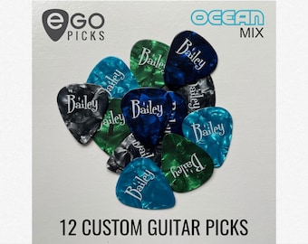12 PÚAS DE GUITARRA PERSONALIZADAS - Celuloide - (Mezcla Oceánica)
