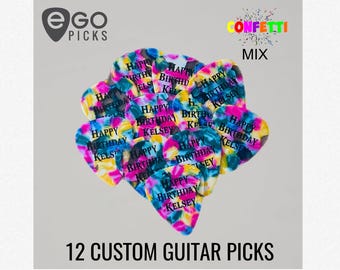 12 PÚAS DE GUITARRA PERSONALIZADAS - Celuloide - (Mezcla de confeti)