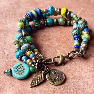 Beaded Boho layer bracelet, Czech glass beads, gemstones, trade beads, antique brass beads, findings and charms, one of a kind