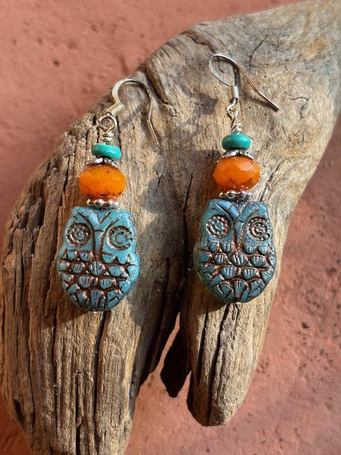 Blue Czech glass bead owl earrings with orange and blue accent beads, silver hypoallergenic earring