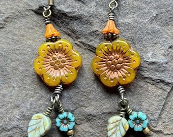 Boho Chic Flower Dangle Earrings, Antique Brass, Handmade