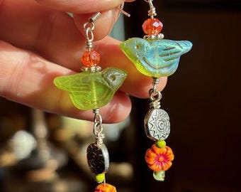 Boho Chic Bird Dangle Earrings, Czech Glass, Hypoallergenic
