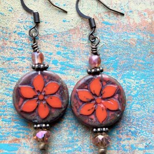 Coral Czech glass flower earrings