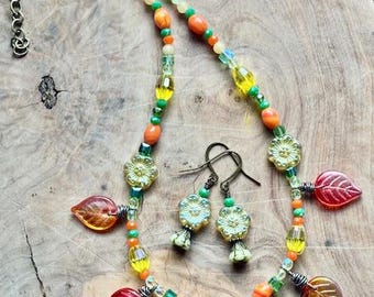 Czech Glass Bead Necklace and Earrings Set, Flower Charm Jewelry