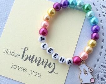 Easter bracelet, Easter jewelry, Bunny, Easter basket stuffer, Rabbit, Name bracelet, Name Jewelry, Kids bracelet, Kids jewelry.