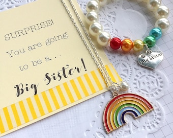 Bright Rainbow Big Sister announcement, Big Sister bracelet, big sister jewelry, Big Sister gift set, unicorn necklace.