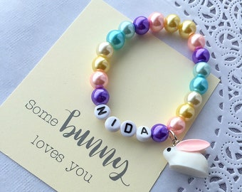 Easter bracelet, Easter jewelry, Easter basket stuffer, Bunny, Rabbit, Name bracelet, Name Jewelry, Kids bracelet, Kids jewelry.