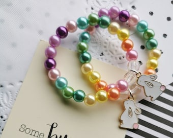 ONE Easter bracelet, Easter jewelry, Bunny, Easter basket stuffer, Rabbit, Plastic beads, Kids jewelry.