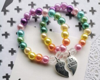 Rainbow pearl best friends bracelet, heart charms, friendship, besties, classmate gift, kids bracelet. One SET of TWO bracelets.