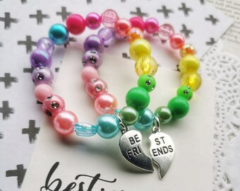 Rainbow best friends bracelet, heart charms, best friends, friendship, besties, classmate gift, kids bracelet. One SET of TWO bracelets.