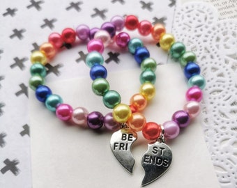 Bright Rainbow best friends bracelet, heart charms, friendship, besties, classmate gift, kids bracelet. One SET of TWO bracelets.