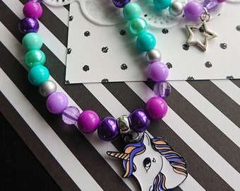 Unicorn necklace set, kids jewelry, kids bracelet, party favor, purple, green, Unicorn jewellery, Unicorn jewelry.