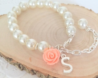 Child bracelet, adjustable bracelet, ivory pearl, flower girl, flowergirl, rose, flower, personalized initial bracelet.