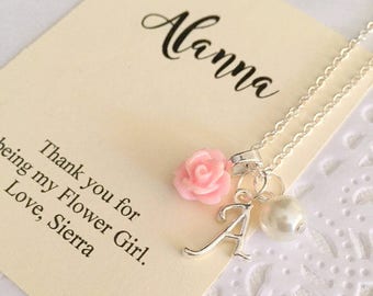 Flower girl rose necklace, initial personalized rose jewelry, script initial. Comes with FREE personalized Notecard, Jewelry Box.