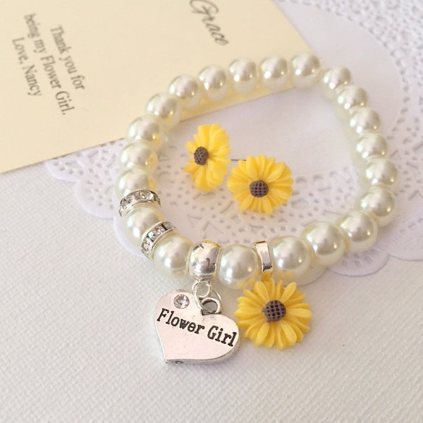 Sunflower, sun flower, stretchy, flower girl, flowergirl, pearl, bracelet, matching earrings. CHILD sized. Comes with jewelry box and card.